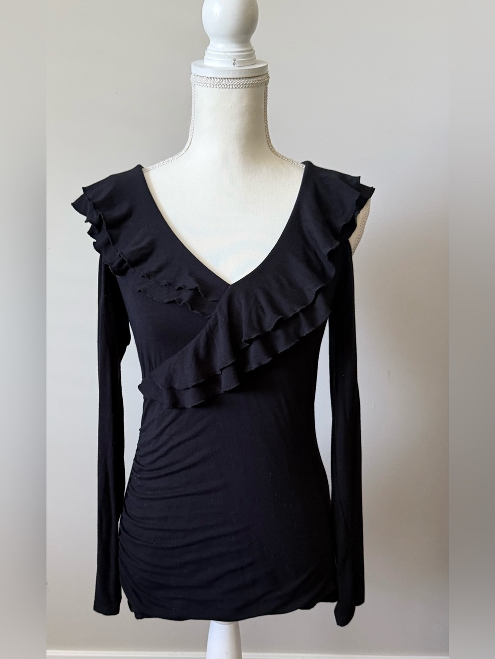 Boston Proper Cold Shoulder Black Ruffled Long Sleeve V-Neck Top